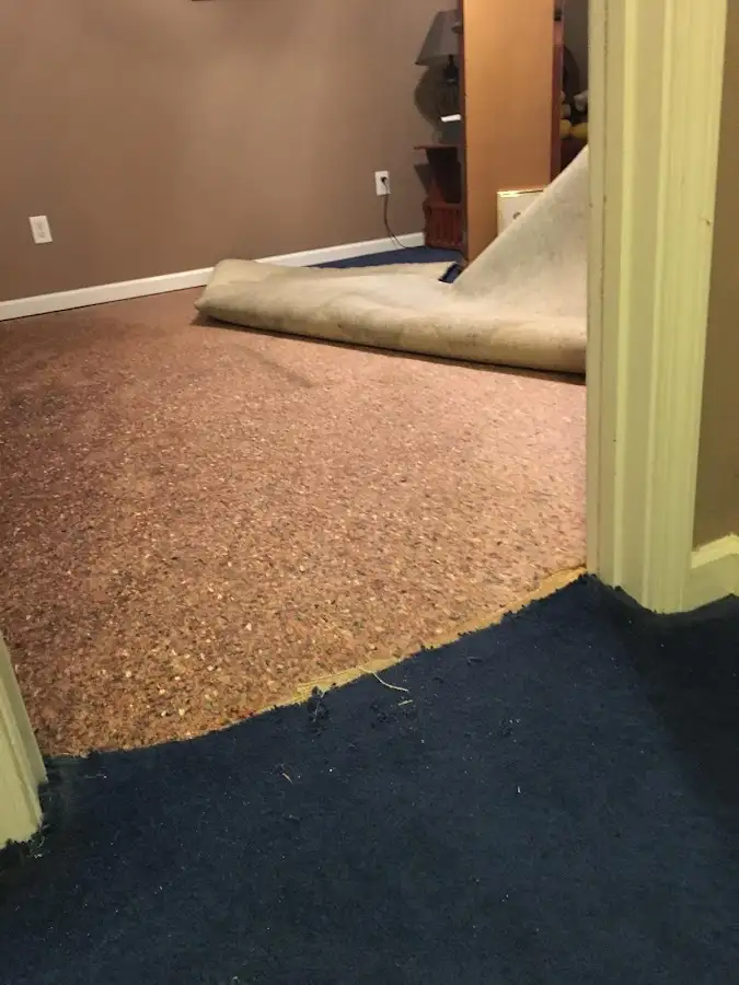 Carpet pad removal revealing water damage during Drying & Dehumidification in Middle Valley